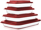 8-Piece Deep Glass Baking Dish Set with Plastic lids,Rectangular Glass Bakeware Set with Lids, Baking Pans for Lasagna, Leftovers, Cooking, Kitchen, Freezer-to-Oven and Dishwasher, Red - color: Red