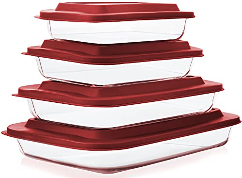 8-Piece Deep Glass Baking Dish Set with Plastic lids,Rectangular Glass Bakeware Set with Lids, Baking Pans for Lasagna, Leftovers, Cooking, Kitchen, Freezer-to-Oven and Dishwasher, Red - color: Red