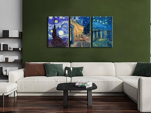 Wieco Art Large 3 Panels Canvas Prints of Vincent Van Gogh Paintings Reproduction Starry Night Over the Rhone Cafe Terrace at Night Canvas Wall Art for Living Room Home Office Decor - color: Van Gogh Paintings, size: 16 x 24 inches (Unframed)