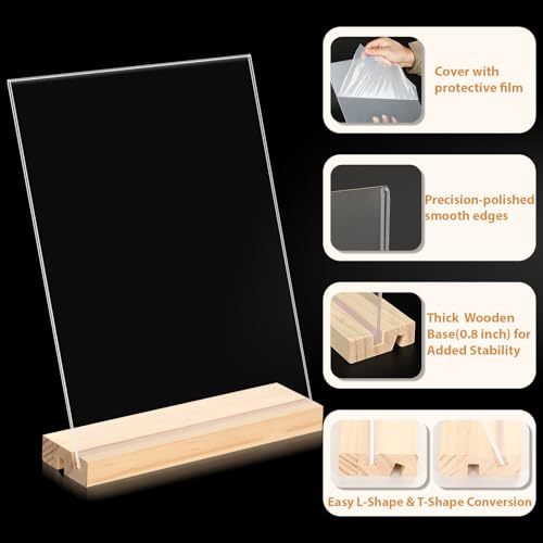xydstay 6pack 8.5x11 Acrylic Sign Holder with Wood Base for Picture Frames,L/T Shape Double Slot Design for Vertical or Slant Back Display, for Restaurant, Office, School, Store and Home Use - size: 6 pack