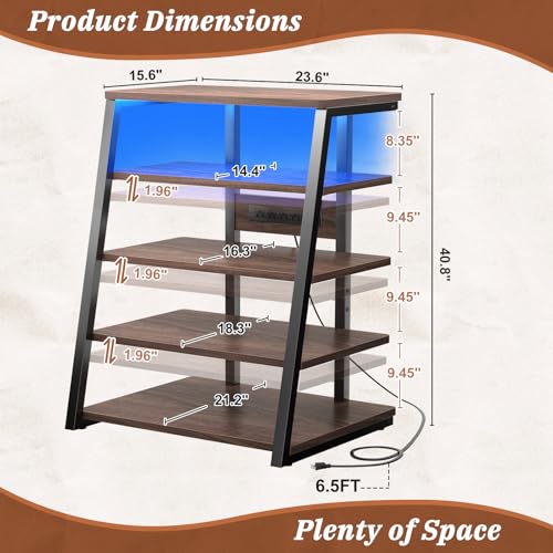 Armocity 5-Tier AV Media Stand with Power Strips, Media Console with LED Lights, Audio Tower Rack with Adjustable Shelves, Stereo Stands and Racks, 40.8'', Black Walnut - color: Black Walnut, size: 40" (H)