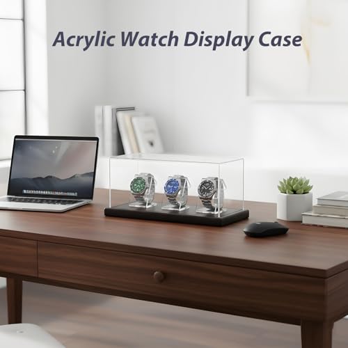 Acrylic Watch Display Case for 3 Watches with Solid Wood Base, Dustproof 3mm Clear Watch Showcase and Organizer for Men & Woman, Luxury Watch Stand - size: Display Case (No LED) For 3 Watch