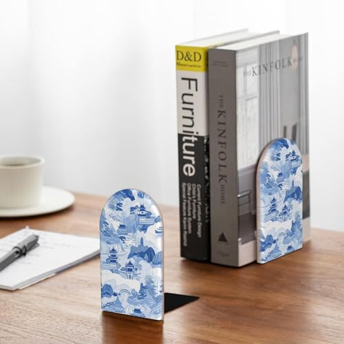 Decorative Bookends 2 Pcs Japanese Japan Blue Ink Architecture Scence Wood Bookends for Shelves Heavy Books Kids Non-Skid Book Ends Stoppers for Office Desk Kitchen School - color: Japanese Japan Blue Ink Architecture Scence