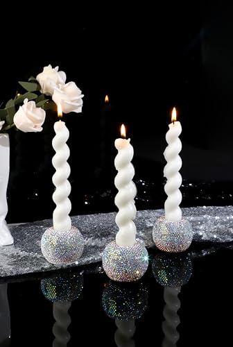 Vixdonos Round Resin Rhinestones Candlestick Holders Set of 3 Ceramic Candle Holder Bulk for Taper Candles,Silver - color: Rhinestones-silver