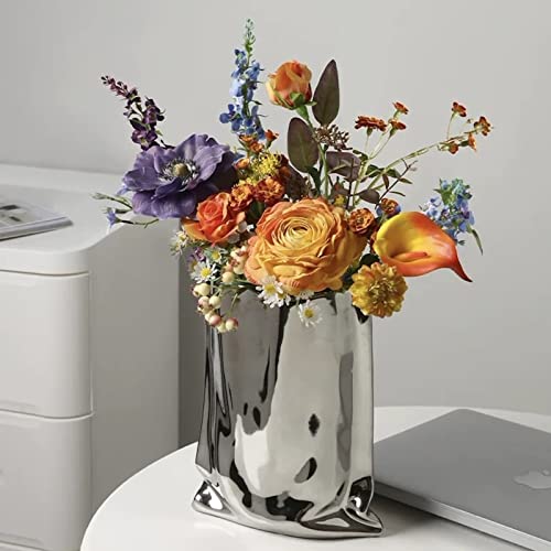 BLOFLO Silver Ceramic Modern Vase Crinkle Fold Paper Bag Handmade Ceramic Vase, Creative Flower Arrangement Ornaments, Decorative Vases for Home Decor, Mantel, Living Room Decoration (Silver)