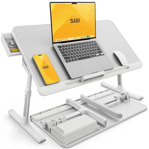SAIJI Laptop Bed Tray Table, Adjustable PVC Leather Laptop Bed Table, Portable Standing Desk with Storage Drawer, Foldable Lap Tablet Table for Sofa Couch Floor (Large,White) - color: White
