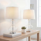 JONATHAN Y 25" Clear/Chrome and Brass Gold Glass Table Lamp Set of 2 for Bedroom, Modern Bedside Lamp for Living Room Nightstand, White Linen Drum Shade, LED Bulb Included (JYL1068B-SET2) - color: Clear