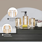 4-Piece Gold Bathroom Accessories Set — Soap Dispenser, Soap Dish, Mouthwash Cup & Toothbrush Holder, Acrylic with Brushed Gold Accent, Luxury Bathroom Vanity Countertop Organizer for Home - color: Gold