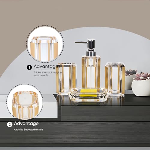 4-Piece Gold Bathroom Accessories Set — Soap Dispenser, Soap Dish, Mouthwash Cup & Toothbrush Holder, Acrylic with Brushed Gold Accent, Luxury Bathroom Vanity Countertop Organizer for Home - color: Gold