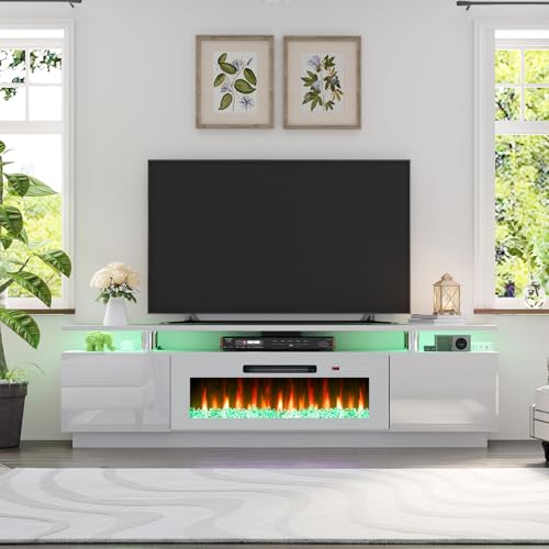 AMERLIFE Fireplace TV Stand with 40" Fireplace, 80" Modern Fireplace Entertainment Center LED Lights, 2 Tier TV Console Cabinet for TVs Up to 90", White & White - color: White & White, size: 80"