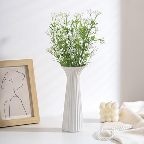 White Ceramic Vase for Home Decor, Small Ribbed Flower Vase for Pampas Grass, Modern Farmhouse Decorative Vases for Coffee Table, Bedroom, Living Room, Kitchen, Bookshelf & Centerpiece - color: White