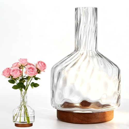 Clear Glass Vase Flower, Rippled Flower Vases with Wooden Base, 10-inch Modern Round Vases, Suitable for Living Room, Dining Room... (10in) - size: 10in
