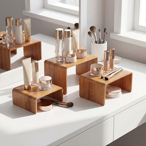 Chuangdi 2 Sets Acrylic Display Risers, Product Stand, Jewelry Display Riser Shelf Showcase Fixtures for Dessert Cupcake Candy Figure Treat Action Showcase (Wood,Small Set) - color: Wood, size: Small Set