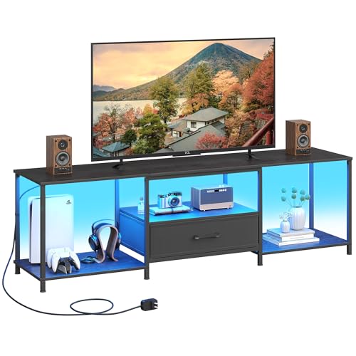 JARHETUN TV Stand with LED Lights, Entertainment Center with Open Shelves and Fabric Drawer, Media Console for 80 Inch TV, Television Stands for Living Room, Bedroom, Black - color: Black With Led Light, size: 70.9 Inches