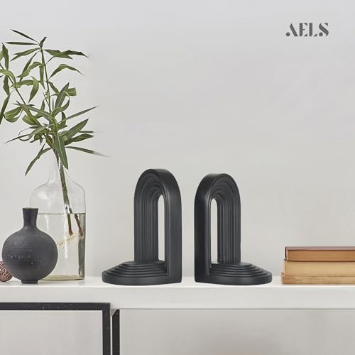 AELS Mordern Bookends, Mid Century Arch Heavy Duty Book Ends, Unique Decorative Bookend Supports for Shelves, Office Desktop Book Stand, Stopper for Books/Movies/CD, Black - color: Black, size: L - 8.9x7.4x4.9 inch