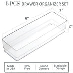 STORi SimpleSort 6-Piece Stackable Clear Drawer Organizer Set | 9" x 3" x 2" Rectangle Trays | Narrow Makeup Vanity Storage Bins and Office Desk Drawer Dividers | Made in USA - size: 9x3x2" (Set of 6)
