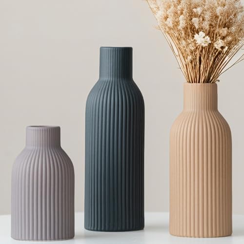 Modern Ceramic Vases Set of 3, Black Ribbed Decorative Vases, Shelf Table Centerpiece for Home Decor, Birthday Gifts for Women, Mom, Grandma Decorative (Black Mix) - color: Black Mix