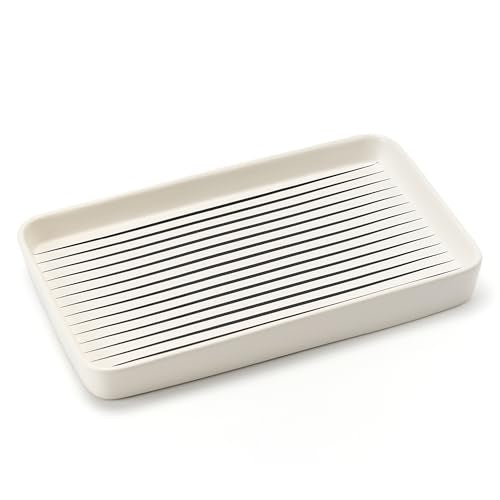 10"×6"×1" White Bathroom Vanity Tray for Countertop- Ceramic Decorative Organizer Tray for Dresser Tops, Toilet, Perfume, Sponge Holder Soap Dish Dispenser for Kitchen Counter- Black Stripes - color: White Color With Black Stripes-1 Pc