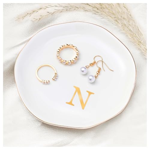 ProCase Ceramic Jewelry Tray, Initial Ring Dish Trinket Plate Engagement Gift, Small Personalized Monogram Ring Bowl for Wedding, White Decorative Jewelry Holder for Women Vanity -Letter N - style: N