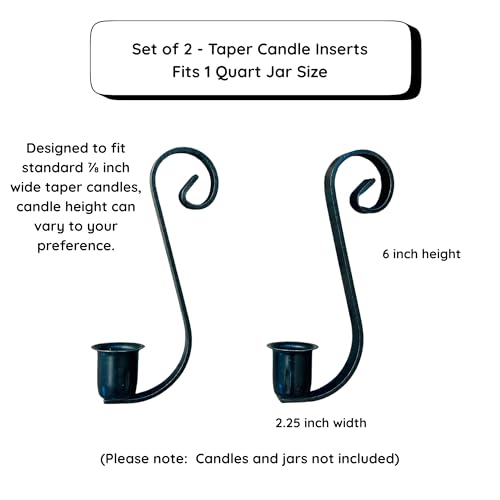 Rustic Mason Jar Candle Holder Inserts - Set of 2 Wrought Iron Hook for Taper Candles - Farmhouse Wedding Centerpiece, Christmas Candle Gift, Vintage Cottage Decor
