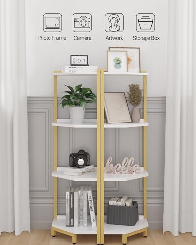 Hzuaneri Corner Shelf Stand, Corner Bookshelf, Storage Standing Shelf Unit with Metal Frame, Plant Stand, Bookcase for Living Room, Home Office, Bedroom, 4-Tier White Gold CS05803A - color: White Gold, size: 4 Tier