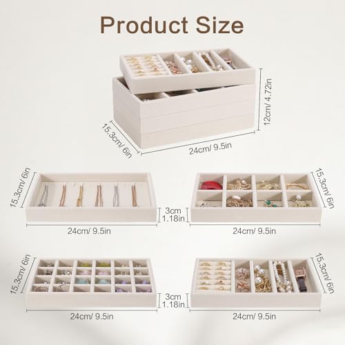 Velvet Jewelry Drawer Storage Tray, Set of 4 Stackable Drawer Organizer, Multifunctional Jewelry Display Organizer, Storage Box for Earrings, Rings, Necklaces, Bracelets, Brooches, Watches - color: ZH-Beige