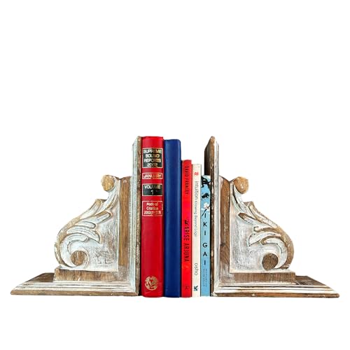 Vintage One Pair of Distressed-Finish Wooden bookends with a Carved Pattern, Perfect for Shelves, Heavy bookends for Books, and Modern Accent for Living Room,Office (Rustic White) - color: Rustic White