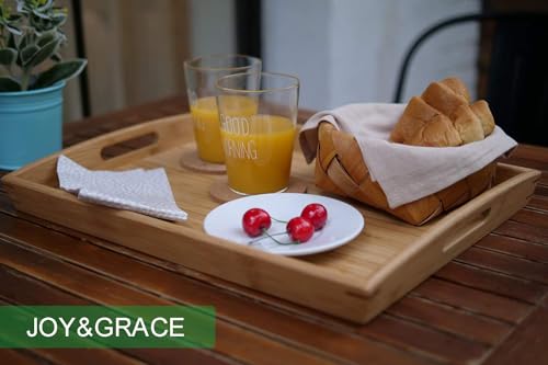 Joy&Grace Bamboo Serving Tray with Handles, Dinner Food Tray for Bed Breakfast Eating and Serving, for Coffee Table Ottoman TV, Decorative Wood Large Charcuterie Platter 16.8 x 12.5 inch 1 Pack
