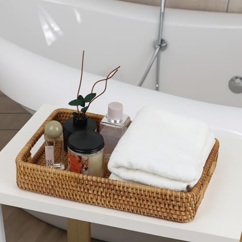 Rattan Serving Tray, Rectangle Coffee Table Tray with Handles, Decorative Ottoman Tea Tray Wicker Basket for Coffee, Bread, Fruits, Snacks, Breakfast, Drinks, Table Decor - size: 14.5" x 9.2" x 2.6"