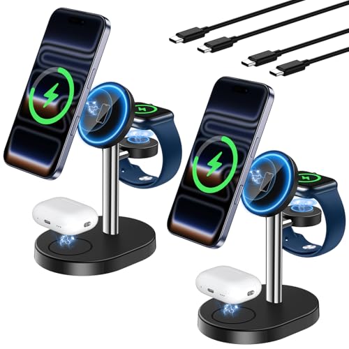 2 Pack Hevanto 2026 3 in 1 Wireless Charging Station for Apple MagSafe Charger, 15W Fast Magnetic Mag-Safe Charger Stand for iPhone 17 16 15 14 13 12 iWatch AirPods (Adaptor Not Included),SilverBlack - color: 2Pack_MagSilver&Black