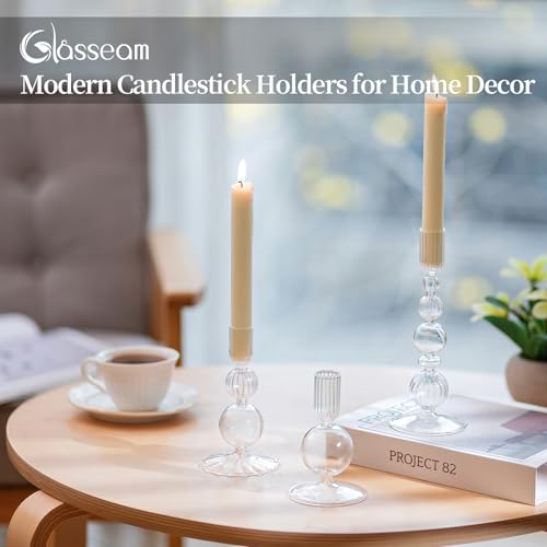 Glasseam Glass Candle Stick Holder: Clear Taper Candle Holders Set of 3 Modern Candlestick Holders for Taper Candles Decorative Candle Holders for Table Centerpiece Wedding Party Christmas Decorations - color: Clear