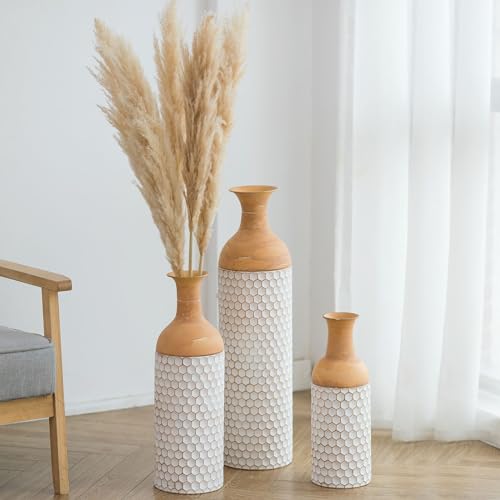 Sziqiqi Rustic White Floor Vases Set of 3-27/20/16in Metal Extra Large Vase for Dried Flowers Shabby Chic Oversized High Vases Standing Antique Terracotta Farmhouse Vase for Pampas Grass Twigs Wicker - style: Large White Vases