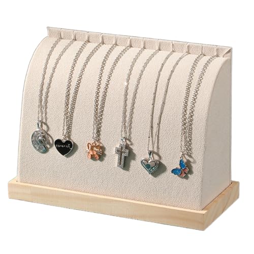 Cambered Necklace Display Stand with Flannelette Soft Mat Wood Jewelry Organizer Tabletop Display Holder for Necklaces, Choker Pendant (Beige) - color: Beige