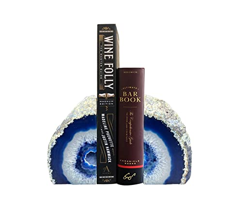 AMOYSTONE Blue Agate Stone Bookends, Decorative Book Holder for Office and Home Shelves, 3-4 LBS Stylish and Functional Bookends,with Rubber Bumpers - color: Blue, size: 3-4 Pounds