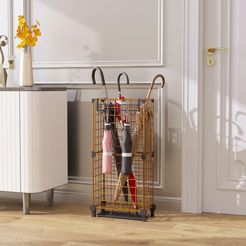 AWTATOS Umbrella Holder Entryway, Umbrella Stand Freestanding, Metal Square Umbrella Rack Organizer with a Removable Drip Tray, Hooks, Brown - color: Brown