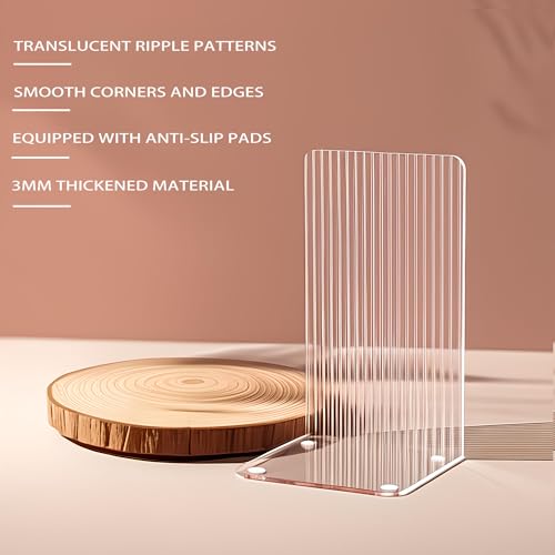 Book Ends for Shelves 6 Pcs Acrylic Bookends Clear Unique Rippled Pattern Book Holder Stand for Heavy Books Home Office School Organizer and Desktop Decorative