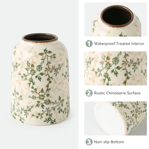 Ceramic Flower Vase | Green Rustic Farmhouse Vase for Home Decor, Vintage Floral Pottery Tuscan Decorative Vase for Living Room & Kitchen, Mantel & Bookshelf, Centerpieces, Entryway, Wedding(7.8 Inch) - color: 11-green and Beige