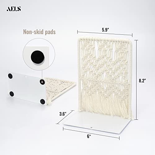 AELS Boho Macrame Bookends, Heavy Duty Metal Book Ends, Decorative Unique Bookend Supports for Shelves, Stopper for Books/Movies/CD, Farmhouse Decoration,Thanksgiving for Friends - color: Beige(geometric)