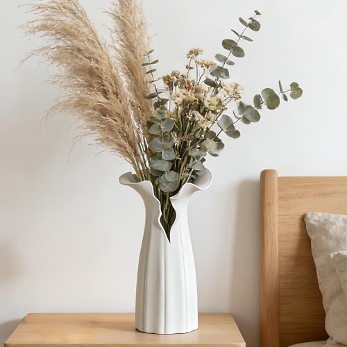 Abstract Irregular Ceramic Vase, White Irregular Pottery Vase, Handmade Decorative Minimalist Flower Vases for Modern Home, Tabletop, Shelf & Office - size: 16" x 12" x 28"