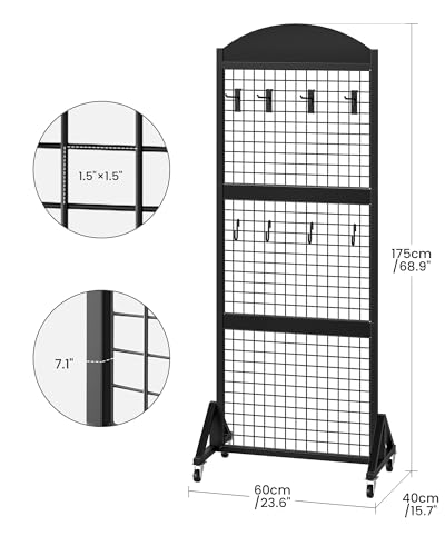 CHOEZON Grid Wall Panel 5.7’ x 2’ FT Grid Display Rack, Movable Gridwall Display Stand with Wheels, Sturdy Floorstanding Wire Grid Rack with 4 S-Shaped Hooks and 4 Garment Hooks, Black TCJ17BB - color: Black