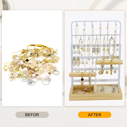 Jewelry Holder Organizer Stand 4-Tier Necklace Stand Earring Holder with Wooden Tray, Jewelry Rack for Bracelets Watches and Rings Display Stand, Gifts for Women & Girls-White - color: Tray&White
