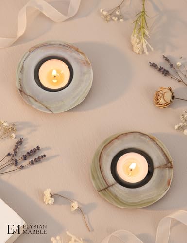 Tealight Candle Holders Set of 2 – Handcrafted Natural Marble Tea Light & Votive Holders, Decorative Stone Candle Holder Pair for Home Décor, Dining Table, Coffee Table & Wedding Decor - color: Green, size: 3.5" Inches