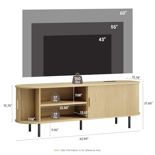 63" TV Stand with Power Outlet, Modern Media Console with Sliding Doors, Entertainment Center for TVs up to 60 Inch, Adjustable Shelves, Oak - color: Oak, size: 63 Inch