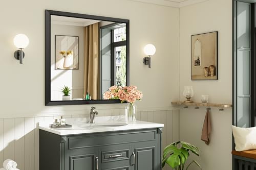 Briivue 40x38 Inch Black Bathroom Mirror for Wall, Thick Metal Framed Rectangle Mirrors for Over Sink, Bedroom, Living Room, Entryway, Anti-Rust, HD Tempered Glass - color: Black, size: 40"L x 38"W