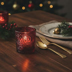12 Pack Patented Sun Moon Star Embossed Glass Tea Light Candle Holders - Unique Votive Candle Holders for Wedding, Party, and Table Centerpieces (Wildberry Red) - color: Wildberry Red