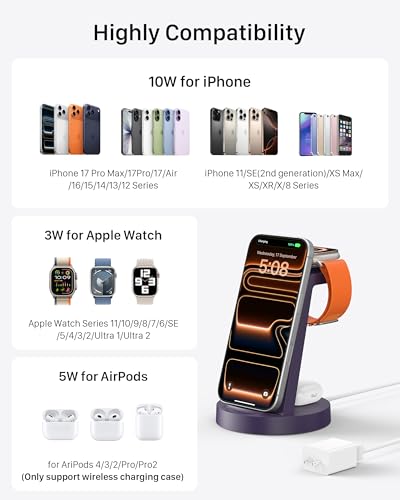 Anlmz 3 in 1 Charging Station for iPhone - Wireless Charger for Apple Products Multiple Devices - Charging Dock Stand for AirPods (for iPhone 17 16e 16 15 14 13 pro 12 11 X Max) - color: Purple