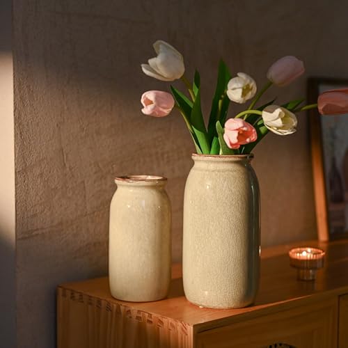 VICTOR & TERESA Rustic Green Vase for Home Decor, Ceramic Vases for Flowers, Modern Farmhouse Decorative Vases for Pampas Grass,Table Accent, Mantel, Living Room,Bookshelf, Centerpieces, 8'' - color: Green, size: Medium-8''