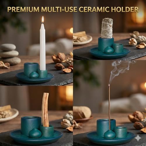 Palo Santo Sticks Holder, Multi-Purpose Handmade Ceramic Incense Burner for Palo Santo Incense Sticks, Sage Holder for Burning, Ash Catcher Tray for Meditation Yoga Room (Blue) - color: Blue