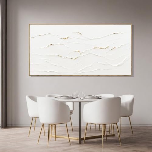 WINKAILIN Minimalist White and Gold Line Artwork with Frame Hand Painted Abstract Canvas Wave Wall Art for Bedroom Living Room Office 24"x48" - color: White and Gold, size: 48"L x 24"W