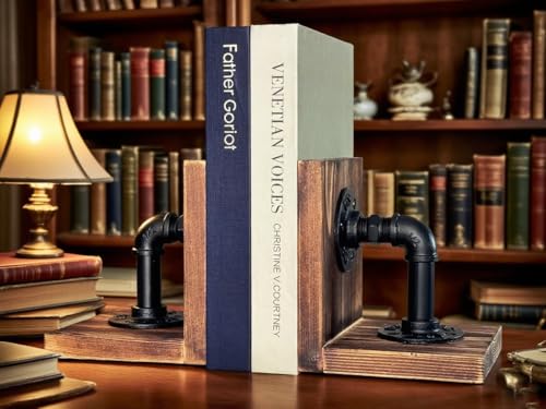 Wooden Bookends for Heavy Books Realistic Industrial Pipe Design Farmhouse Bookends for Home Office(Pipe Light Brown) - color: Light Brown Pipe